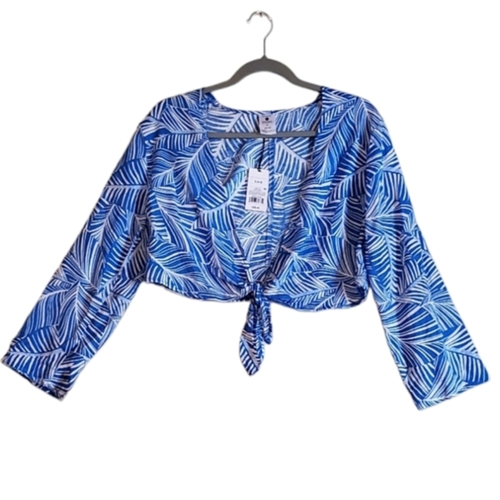 Shade & Shore Blue White Tropical Waist Tie Croptop Size Small NWT